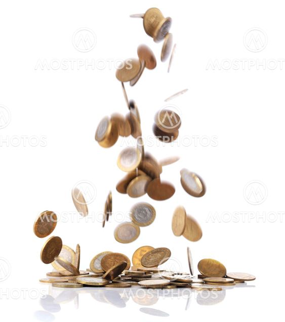 Golden coins falling on white background