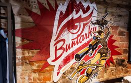 Decorative pop art wall featuring vibrant graphics...