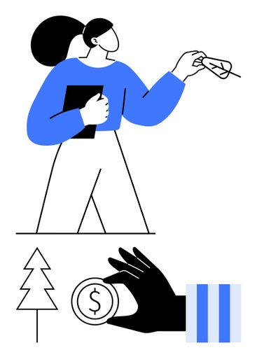 Woman Holding Leaf and Notebook with Hand Offering Coin...