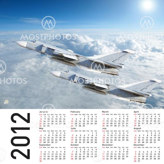 2012 Calendar with a military plane in the sky and clouds