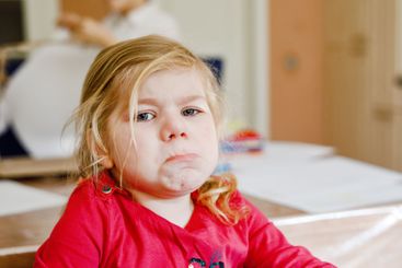 Cute upset unhappy toddler girl crying. Angry emotional...