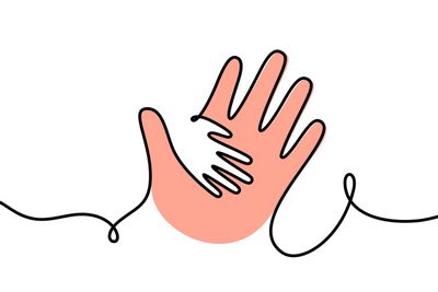 Child hand in parent hand one line illustration