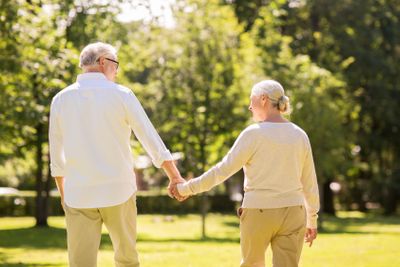 happy senior couple walking at summer park