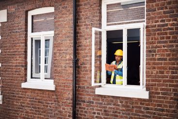 Man, engineer and writing in notebook by window for...
