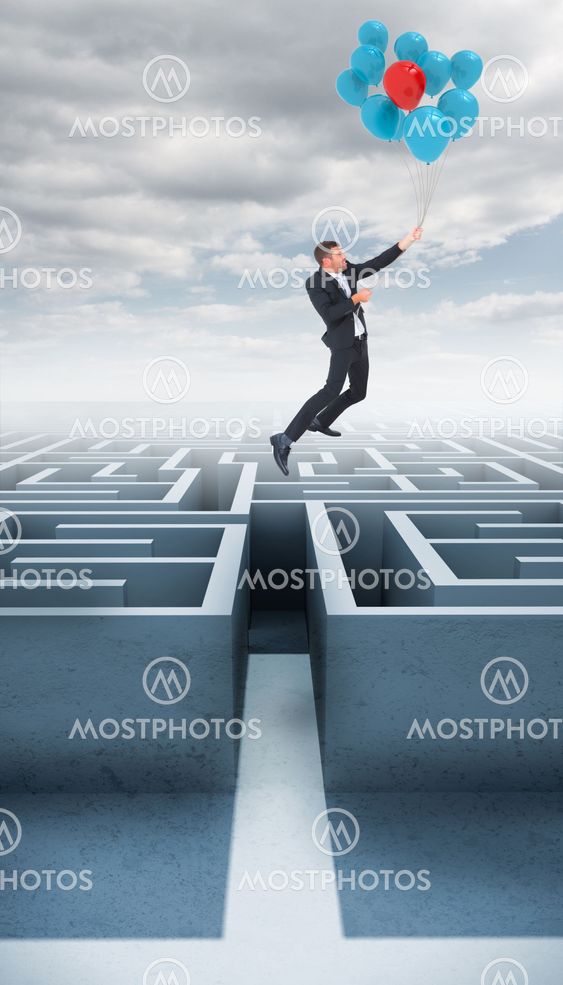 Composite image of businessman flying with balloon