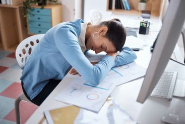 Office, businesswoman and sleeping by computer for...