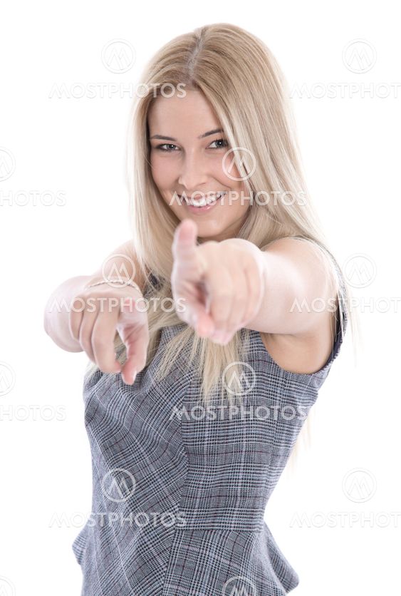 Isolated beautiful young blond business woman in grey...