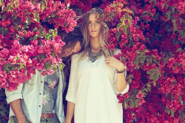 Couple, hipster or nature with fashion for season, love...