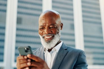 Mature, phone and business with black man in city for...