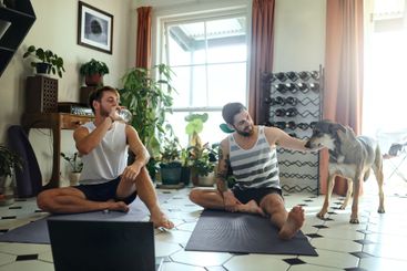 Men, laptop and dog with yoga, together or smile for...