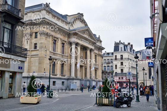 Brussels, Belgium - April 2015: Classic old building houses the Brussels Stock Exchange built in the Neo-Renaissance and Second Empire architectural styles located near the Grand Place in Brussels, Belgium