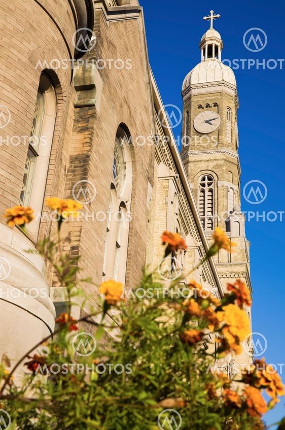 Flowers in front of St Stanislaus Catholic Church