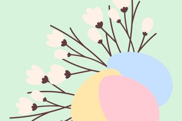 Colorful Easter Eggs and blooming twigs Festive...