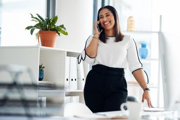 Office, businesswoman and happy with phone call for...