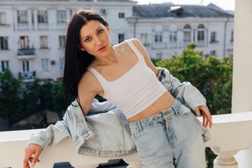 Portrait of Beautiful Slim Fashionable Brunette Woman in...