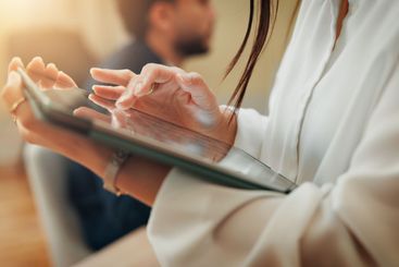 News, hands or businesswoman in office on tablet for...