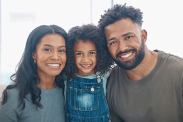 Home, parents and girl in portrait for hug, connection...