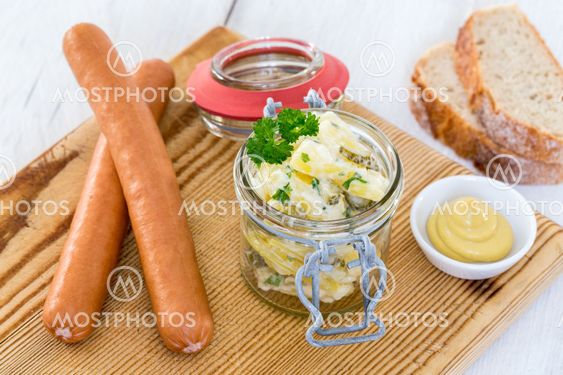 Sausages with mustard and potato salad