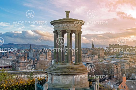Cityscape view of the old town district of Edinburgh City from the hilltop of Calton Hill in central Edinburgh, Scotland, UK