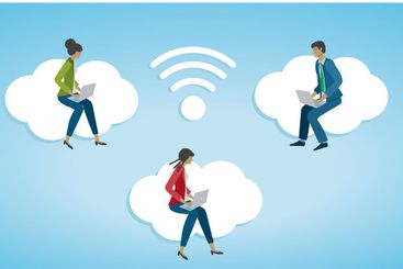 People sitting on clouds working.