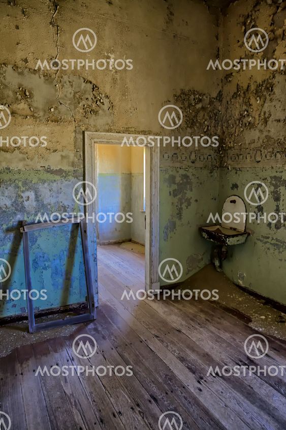 interior of an old house in kolmanskop's ghost town namibia
