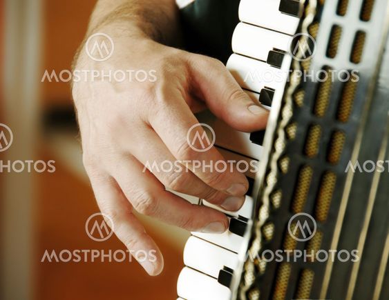Musician hand playing accordion