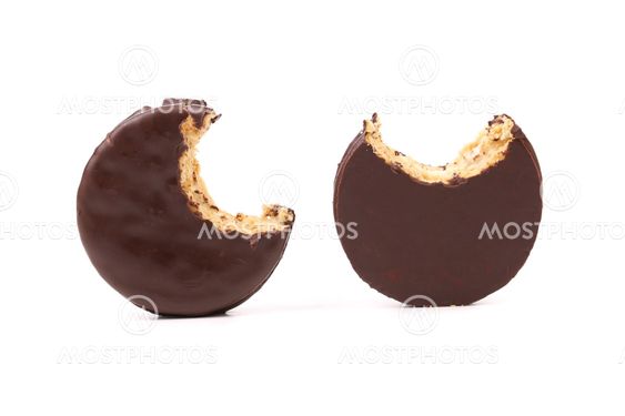 Bitten biscuit sandwich with chocolate.