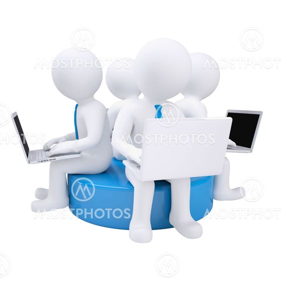 Four 3d man with laptop sitting on a blue disk