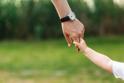 the dad holds the child by the hand. a walk in the nature