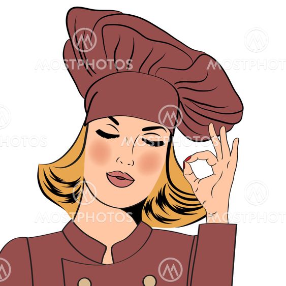 Sexy blonde chef woman in uniform gesturing ok sign with...