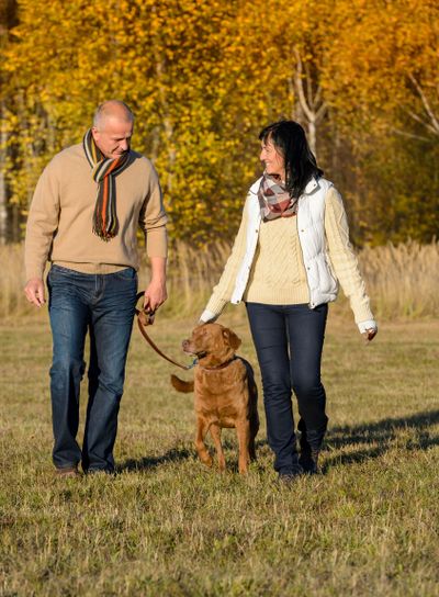 Couple walking dog in autumn sunny park