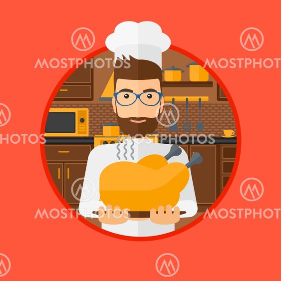 Chief cooker holding roasted chicken.