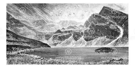 Gasienica Black Lake in Koscielec Valley in the Tatra Mountains, Poland, vintage engraving