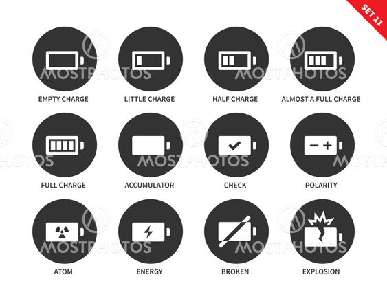 Battery charge levels icons on white background