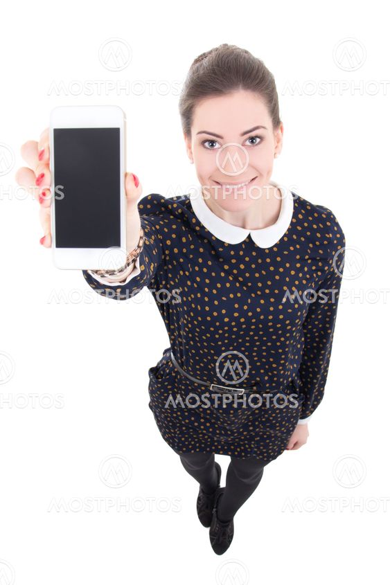 funny beautiful business woman showing mobile phone with blank screen isolated on white