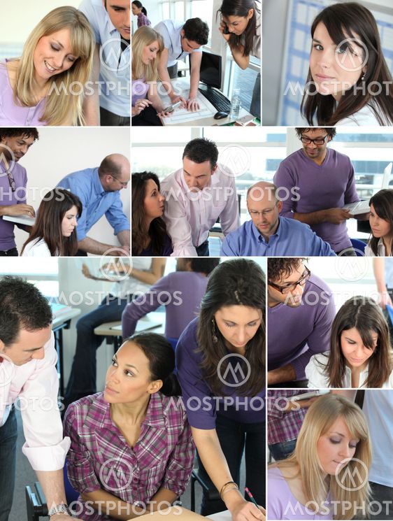 Collage of busy office employees