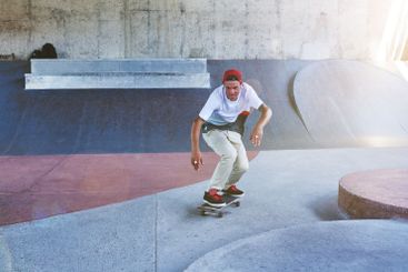 Speed, skateboard and ramp with man at park for urban,...