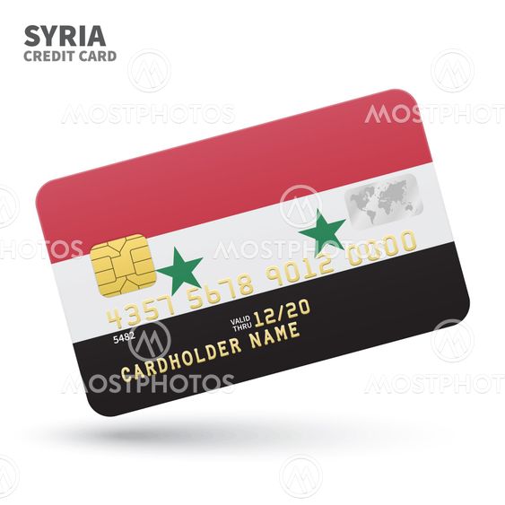 Credit card with Syria flag background for bank, presentations and business. Isolated on white