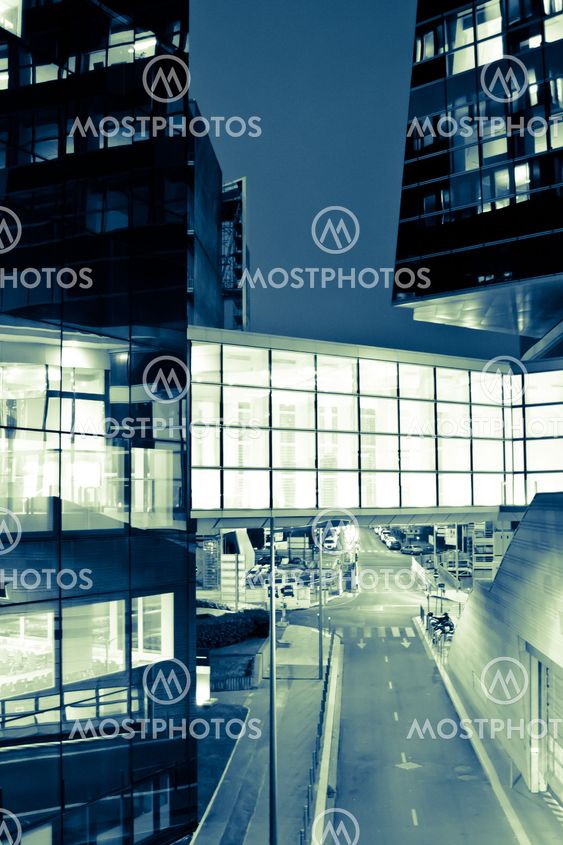 illuminated office building and corridor at night