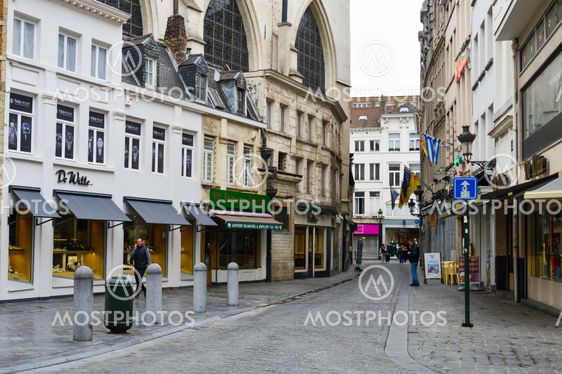 Brussels, Belgium - April 2015: Preserved old European-style residential and commercial buildings on streets of Brussels City, Belgium