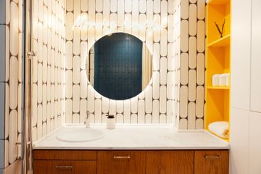 Modern stylish bathroom interior. Close-up of marble...