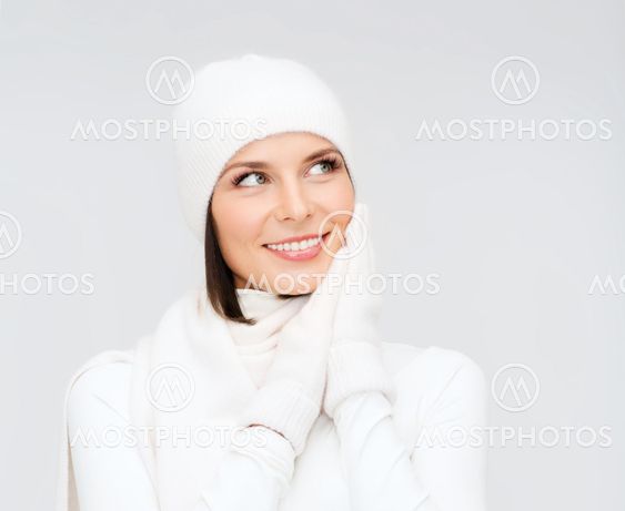 woman in hat, muffler and gloves