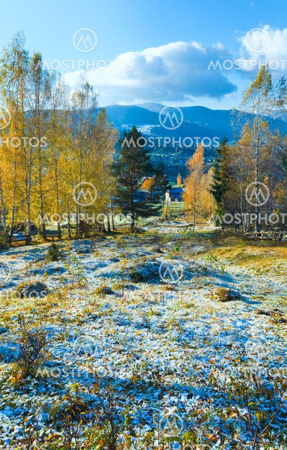 Autumn hoarfrost on mountain glade