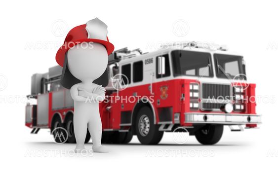 3d small people - fireman and fire truck