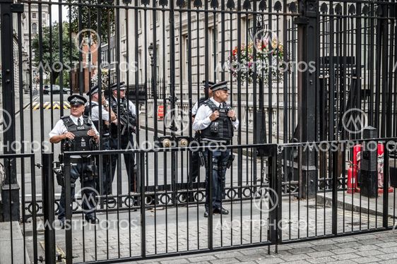 Policeman protecting 10 Downing Street in London