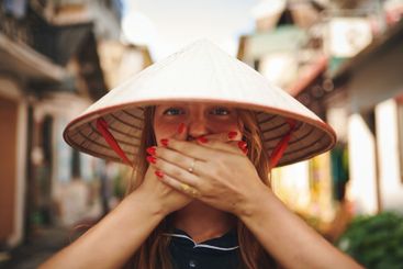 Travel portrait, woman and hat in silence for secret...