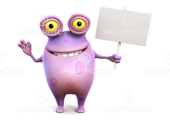 A pink spotted monster holding sign.