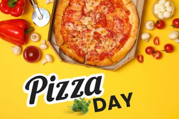 Pizza day, pizza with cuts on a yellow background