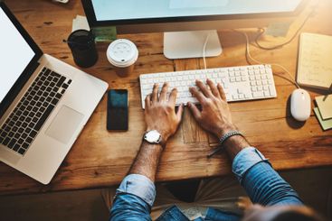 Above, business and man with computer, hands and typing...