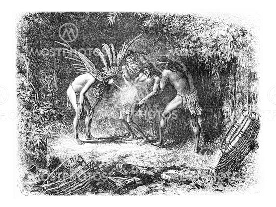 Native Blowing Cigarette Smoke in Oiapoque, Brazil, vintage engraving